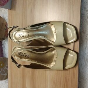 Franco Sarto Beige Leather Open Toe Sling Back Wedge Heel Size 6.5